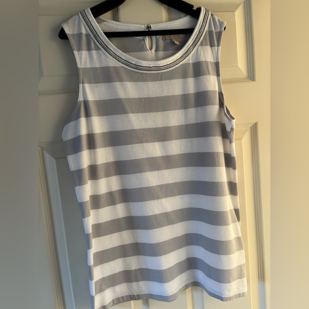 Banana Republic White and Light Gray Striped Sleeveless Tank with Metallic Trim